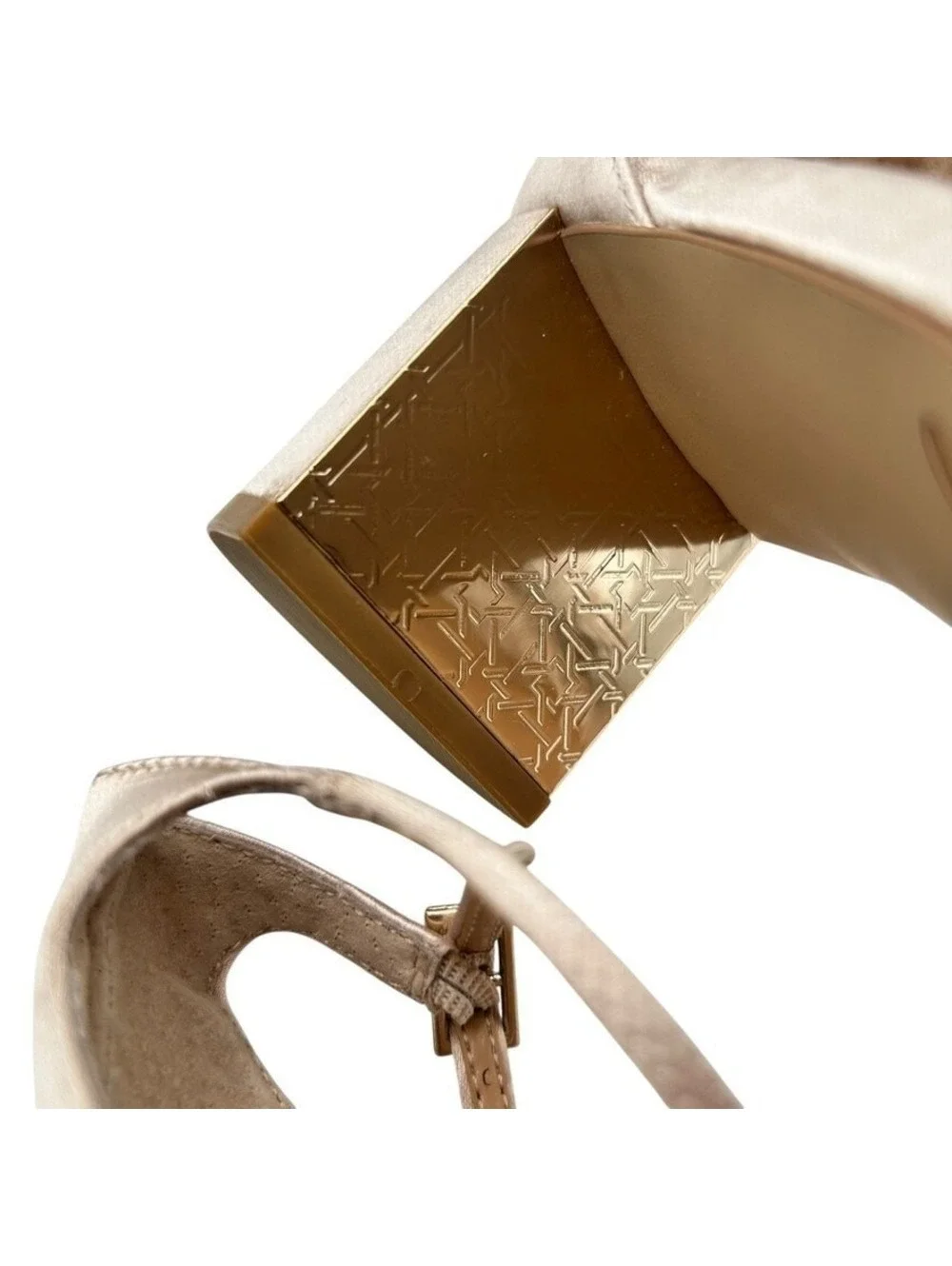 Jewel Badgley Mischka Champagne Satin Crystal Embellished Block Heels Size 8.5